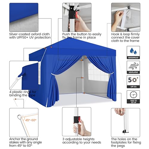 Yaheetech 8x8 Pop Up Canopy with 4 Removable Sidewalls, Portable Enclosed Instant Tent, Waterproof Outdoor Tent, Beach Sun Shelter with 4 Sandbags, 8 Stakes & 4 Ropes, Blue - color: Blue, size: 8x8