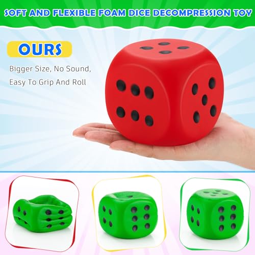 Zomiboo 4 Pcs Jumbo 4 Inch Foam Dice Set, Soft Stress Relief Toy for Kids & Adults, Colorful 6 Sided Giant Dice for Classroom Math, Family Board Games, Holiday Stocking Stuffers(Bright Colors,Dot) - color: Bright Colors, style: Dot