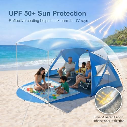 Beach Tent, Portable Sun Shelter for 2/3/4/6-8 Person with UPF 50+ UV Protection, Easy Setup Waterproof Beach Shade Canopy Cabana for Family Outdoor and Picnics, Fishing with Carrying Bag - color: Blue with Canopy, size: Spacious 4-Person