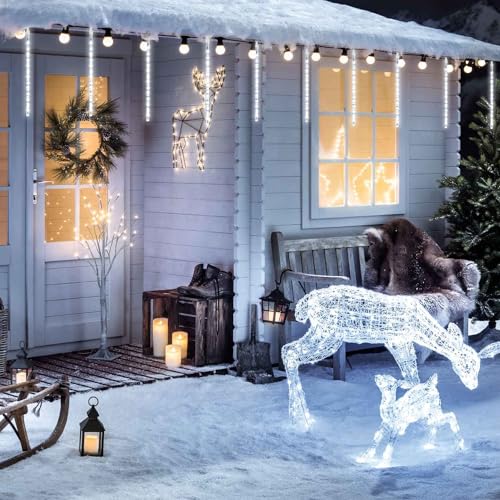 JMEXSUSS 2 Pack Solar Christmas Meteor Shower Lights, 16 Tube 288 LED White Solar Christmas String Lights Outdoor Waterproof for Tree Patio Garden Wedding Party Decorations - color: Cool White, size: 2*144LED