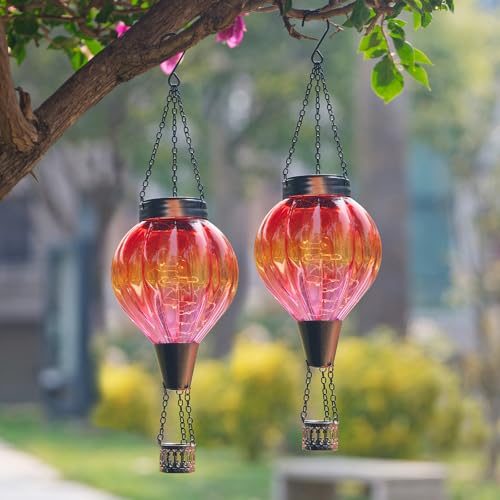 2PC Hot Air Balloon Solar Lantern Outdoor Waterproof, Gradient Orange Glass Balloon Lantern Lights, Hanging Solar Lights for Outside Patio Garden Tree Porch Yard Gift for Women Mom - color: 2PCS-Orange