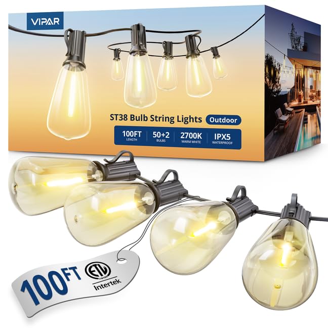 VIPAR Outdoor String Lights, 100FT 52 ST38 Bulbs Patio Lights Outdoor Waterproof, Shatterproof Vintage Edison LED Outside Hanging Light for Backyard, Porch, Garden, Deck, Bistro, 2700K Dimmable - size: 100FT(50 Sockets)