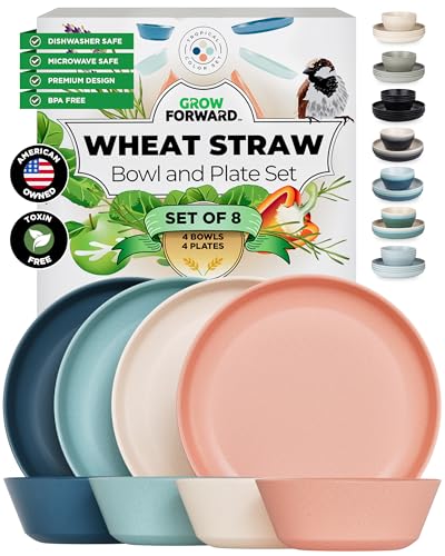 Grow Forward Premium Wheat Straw Plates and Bowls Sets - 8-Piece Wheat Straw Dinnerware Sets - Unbreakable & Reusable Microwave Safe Plastic Dinner Plates for Outdoors, RV, Camping Dishes - Tropical - color: Tropical