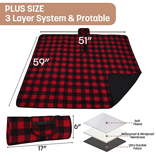 Tirrinia Waterproof Outdoor Blanket with Sherpa Lining, Windproof Triple Layers Warm Comfy Foldable for Camping Stadium, Beach, Picnic, Grass, Concerts, Car, Dog, 51''X 59'' & 59''X 80'' - color: Red Plaid - No Sherpa (Fleece Only), size: 51” x 59”