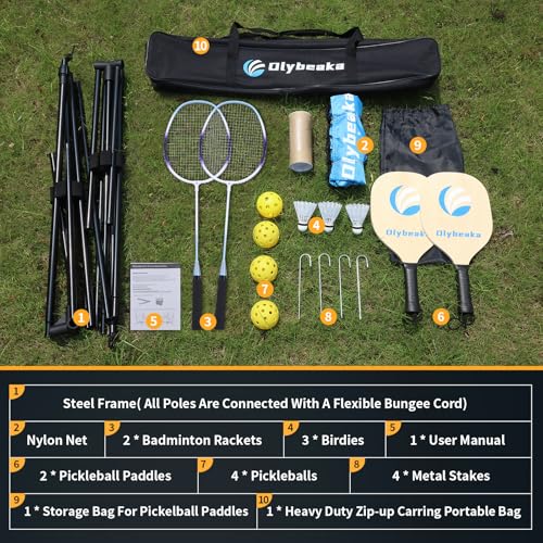 All-in-one Portable Badminton & Pickleball Net Set for Backyard Beach Driveway with Height Adjustable Poles, Durable Net, 2 Aluminum Badminton Rackets + 2 Pickleball Paddles - size: 14 ft