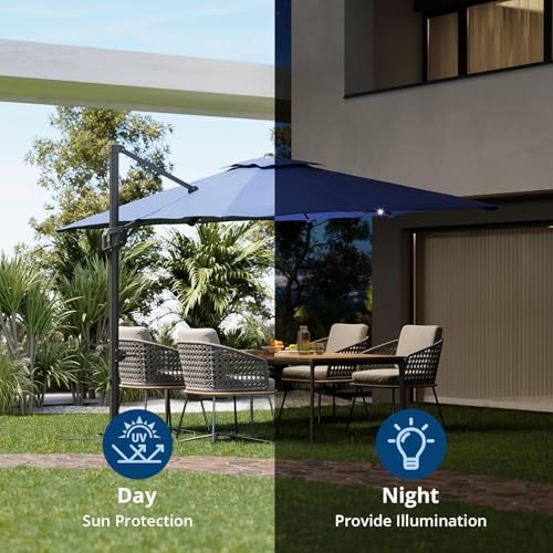 9ft Outdoor Patio Umbrella Heavy Duty 8 Ribs, Waterproof UV Protection Sun Shade with Crank Lift & Push Button Tilt, Outdoor Umbrella for Deck, Pool, Garden, Backyard, Lawn - color: Navy Blue&Square-Lights, size: 10FT Roman