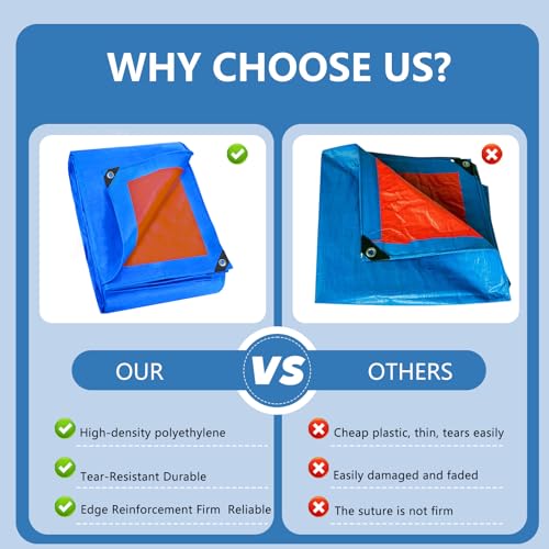 Heavy Duty Waterproof Tarp 10x20 FT, 6 Mil Thick Tarpaulin Cover with Reinforced Edges & Grommets - for Outdoor Camping, Roof, Boat, RV, Pool, Tent - Includes Utility Rope - color: Blue-orange, size: 10*20FT