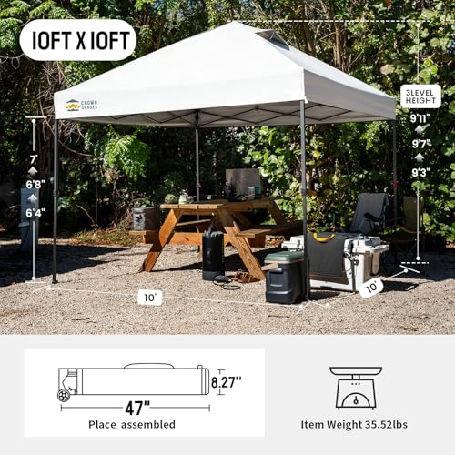 CROWN SHADES 10x10 Pop Up Canopy - Patented Center Lock One Push Instant Outdoor Canopy Beach Tent with STO-N-Go Bag 8 Stakes & 4 Sand Bags，White - style: White