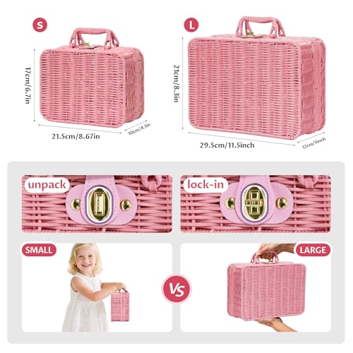 Mini Wicker Picnic Basket, Decorative Prop Suitcase Vintage Storage Hamper Makeup Organizer, 8.7" Metal Lock Rattan Storage Box with Handles for Sundries Travel Camping and Outdoor Party (Pink, Small) - color: Pink, size: Small