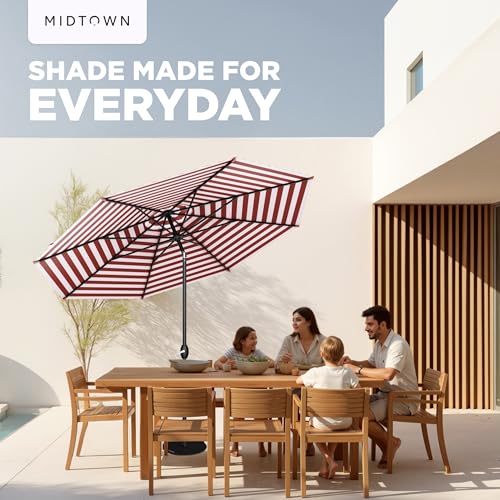 MIDTOWN UMBRELLAS The Lean 8 Feet Outdoor Umbrella With Terylast Red Stripes (Red/White Stripes) Polyester Fabric - 8 Ribs Aluminum Frame Patio Umbrella With Zinc Alloy Crank Lift And Auto-Tilt System - color: Terylast Fabric - Apple Stripes, size: 8 Foot