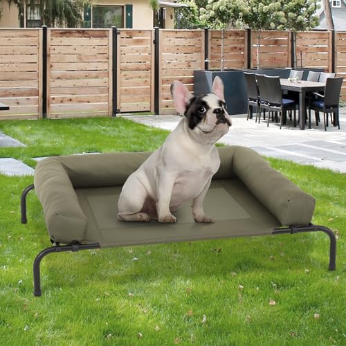 MoNiBloom Outdoor Elevated Dog Bed w/Removable Bolster, Portable Raised Outdoor Dog Bed with Stable Anti-Slip Feet & Breathable Mesh, 42 Inches Length, Dark Green - color: Dark Green, size: 42"L