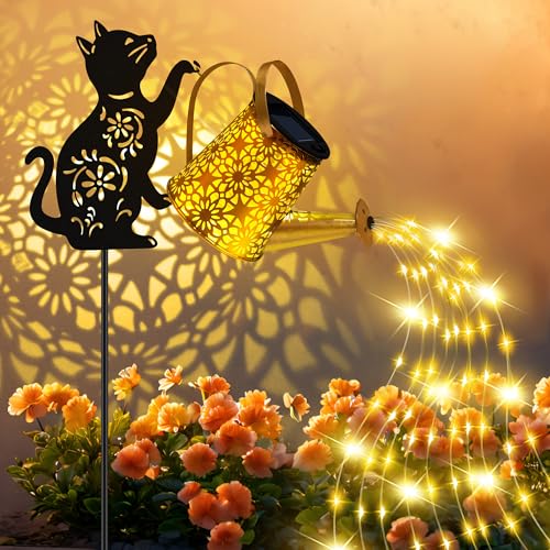 Solar Lights Outdoor Decorative, Watering Can with Cascading Lights, with Cat Silhouette Garden Stakes, Waterproof Metal Garden Decor for Yard Art, Outside, Patio, Lawn 2PACK - color: Cat 2 Pack