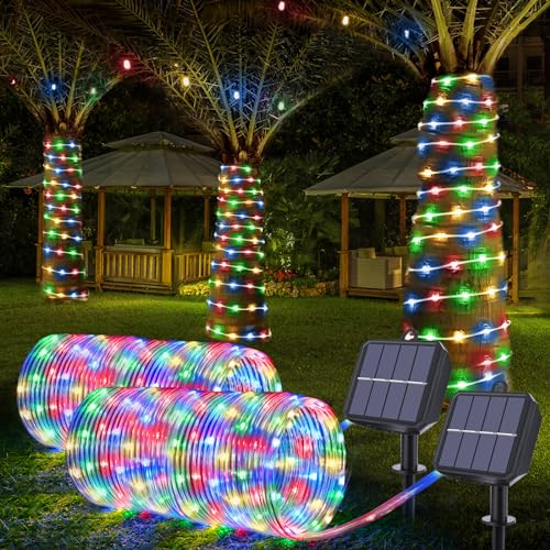 Solar Rope Lights, 2 Packs Total 66ft 200LED Solar String Lights, 8 Modes Waterproof Solar Powered Outdoor Light, Flexible Clear Tube Light for Garden Backyard Patio Deck Pool Tree Decor - Multicolor - color: Multicolor, size: 2*33ft