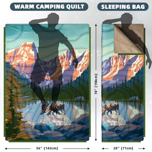 Outdoor Camping Blanket with Sherpa Lining, Extra Warm Thick Camp Blankets and Puffy Ultralight Soft Poncho DWR Camping Quilt for Cold Weather, Adventure, Sleeping, Backpacking 78"x 56" - color: Purple Deer Language, size: 78 x 56 inches