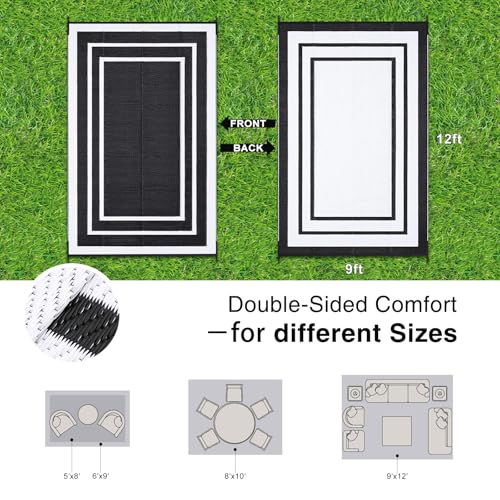 OLANLY Outdoor Rug 9x12 ft Waterproof, Reversible Outdoor Plastic Straw Rug, RV Mat, Indoor Outdoor Carpet Clearance for Patio, Camping, Balcony, Deck, Backyard, Black & White - color: Black & White, size: 9' X 12' (Rectangular)
