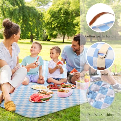 Nuanchu Checkered Picnic Blanket Extra Large Outdoor Blanket Sandproof 80"x80" Waterproof Portable Machine Washable 3 Layer Thick Gingham Picnic Mat for Beach Camping Park Grass Travel(Light Blue) - color: Light Blue