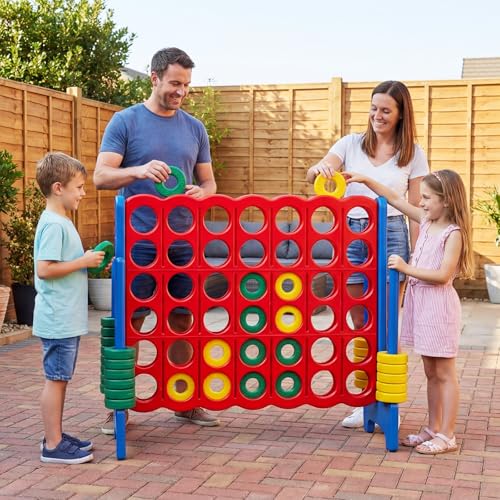 COSTWAY Giant 4-in-a-Row Game Set, Jumbo 4-to-Score for Kids and Adults with 42 Jumbo Rings & Quick-Release Slider, Indoor Outdoor Yard Party Game for Lawn, Holiday Party & Family (Red & Blue) - color: Red & Blue