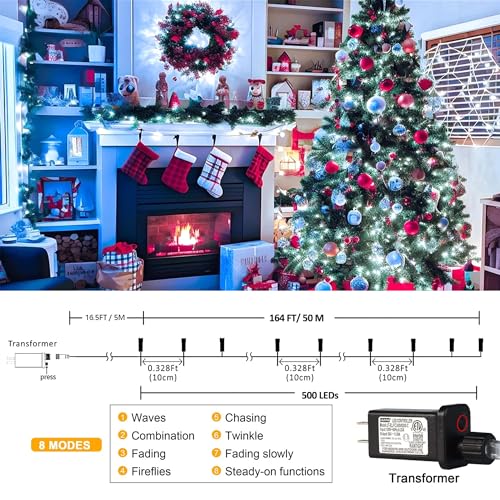 kemooie 500 LED White Christmas Lights, 164 FT 8 Lighting Modes Christmas Fairy Lights, Plug in Waterproof Extra Long Fairy Light for Outdoor Birthday Wedding Party Garden Balcony Decoration (White) - color: White