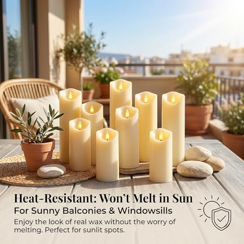 Enido 9pcs Flameless Candles with Remote, 2.2" x 5/6/7" Heat-Resistant Plastic LED Pillar Candles, Battery Operated Moving Wick Fake Candles with Timer, Realistic for Wedding, Outdoor, Home Decor - color: Cream