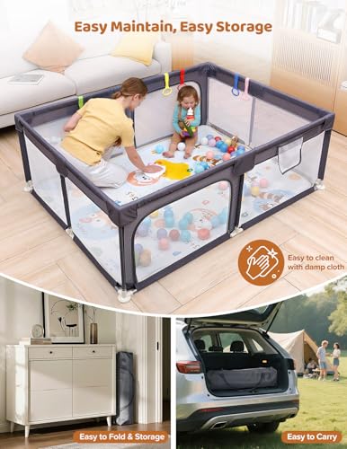 Dripex Baby Playpen with Mat, 71"x47" Play Pen for Toddlers 1-3 Years, Soft Breathable Visible Mesh, Indoor/Outdoor Portable Play Yard with Mat, Safe Baby Fence Play Area, Dark Grey - color: Dark Grey, size: 71"×47" with Mat