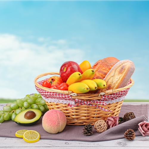 2 Pack 12.6 Inch Natural Wicker Basket with Checkered Lining, Oval Wicker Woven Basket with Handle, Willow Woven Picnic Baskets for Picnic, Camping, Party(Small) - size: 2 Pack 12.6in Natural