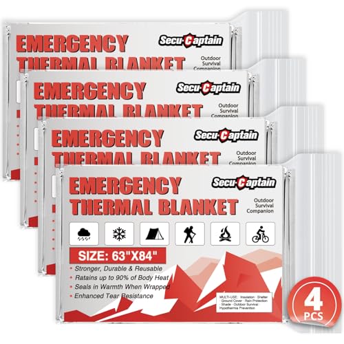 SecuCaptain Survival Emergency Thermal Blankets: Extra Large 84” x63” 4/10/25/30/50/75/100 PCS Space Mylar Blanket Kit for Outdoor Cold Winter Camping Hiking Car Bug Out Bag or First Aid - color: Sliver, size: 4 Pack