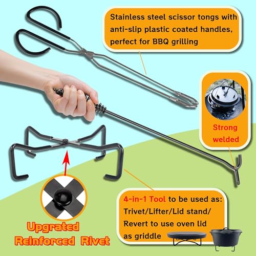 6-in-1 Dutch Oven Camping Accessories Kit - Campfire Cooking Equipment with Marshmallow Roasting Sticks, Heat-Resistant Gloves, 16" Scissors Tongs, Lid Lifter & Lid Stand - size: 6 piece set