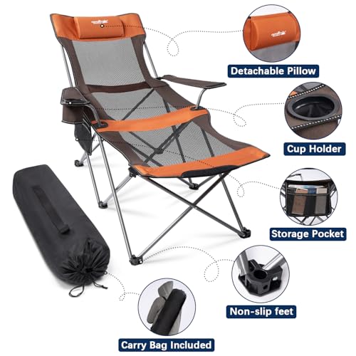 apollo walker Reclining Beach Chair, Adjustable 90-135° Backrest Camping Lounge Chairs for Adults, Folding Chair with Foot Rest & Detachable Pillow - Standard 6-Leg, Orange - color: Orange, style: 6-Leg