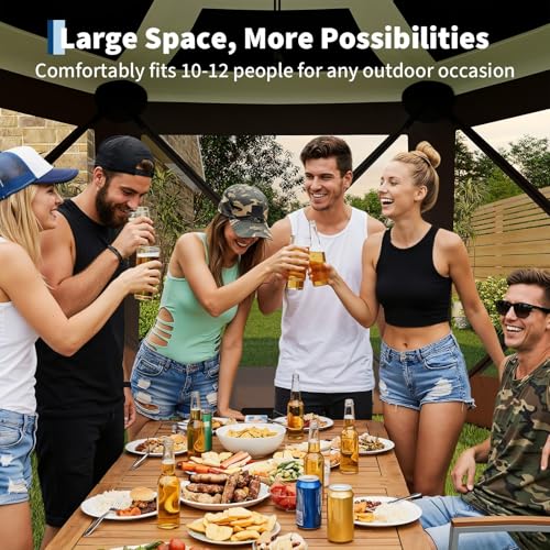 GarveeLife 11.5x11.5FT 6-Sided Pop Up Gazebo Tent，One-Push Setup Canopy Tent with Mesh Panels & Removable Wind Cloths, Outdoor shelter for Camping, Backyard Parties, Outdoor Events - Beige & Khaki - color: Beige & Khaki, size: Removable Top - 11.5ft