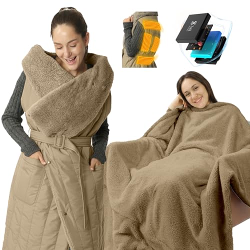 ZonLi Electric Wearable Heated Blanket, 2-in-1 Design Portable Cordless Heated Blankets Battery Operated Heated Shawl Blanket, Rechargeable Power Bank for Home, Office, Travel, Gift for Christmas - color: Khaki