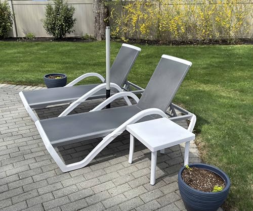 PURPLE LEAF Patio Chaise Lounge Chair Set of 3 Outside Aluminum Plastic Stackable Tanning Chairs with Armrests and Side Table for Pool Sunbathing Beach Deck Outdoor Lounger, Grey - color: Grey, style: 2 chairs(w/Arms) + 1 table