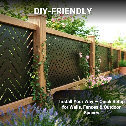 Metal Privacy Screen Outdoor – 6FT Freestanding Decorative Steel Panel with Stand, Laser-Cut Chevron Pattern Modern Privacy Divider, Rustproof & Weather-Resistant Screen for Patio, Garden & Backyard - color: Black & Chevron Pattern