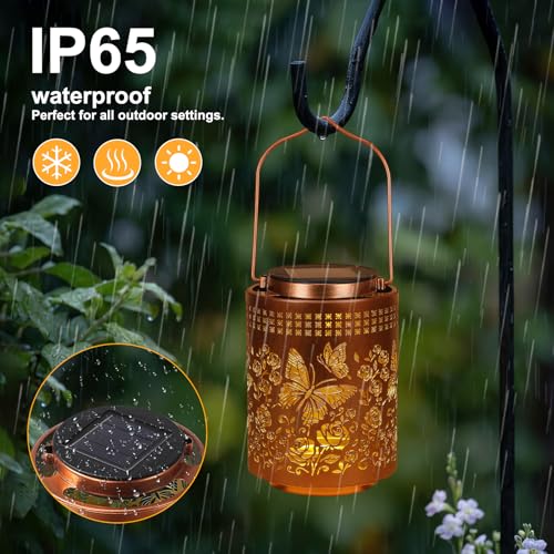 Solar Lanterns Outdoor Waterproof Butterfly Garden Decor Gifts for Women Mom Grandma, Hanging Solar Lights Metal Garden Decoration Outside for Yard, Patio, Backyard, Porch for Gift Card Box Packaging - style: Warm Light