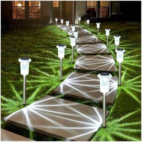 DenicMic Solar Lights Outdoor 15 Pack Waterproof 6000K Cold White LED Stainless Steel Stake Outside Lights for Yard Pathway Garden Driveway Walkway Landscape Path Lighting - color: Cold 15Pack