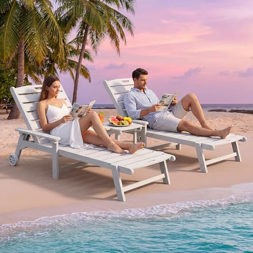 Outdoor Lounge Chair Set of 2 with 5-Position Adjustable, Outside Lounge Chair with Cup Holder, Wheels for Easy Mobility, HDPE Tanning Chair for Poolside, Patio, White - color: White, size: 2pc