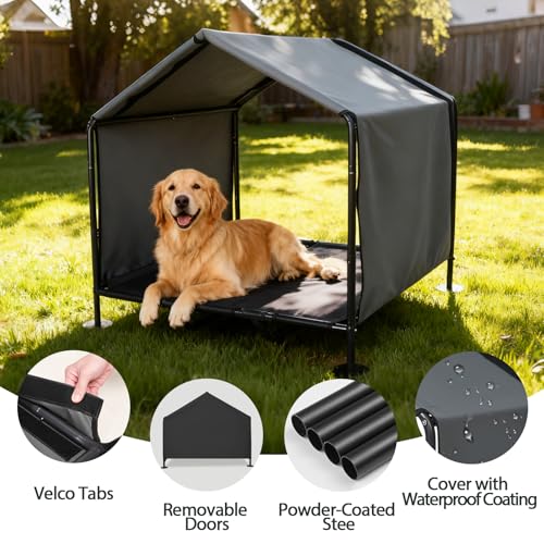 Dog Canopy with Raised Bed for Outdoor, 3.3' x 2.9' x 3.5' Large Dog House Shade Outdoor Indoor, Pet Shade with Removable Waterproof Shelter Cover, Portable Pet House for Camping, Patio, Yard - color: Grey, size: Large