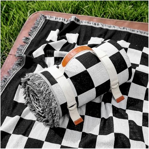 2 in 1 Extra Large Boho Beach Blanket Towel Picnic Mat Adult Men Guy Him Brother Dad Boyfriend Uncle Niece Best Friend Friendship Grandpa Grandfather Husband Son in Law Happy Birthday Cool Unique Gift - color: Checkered Black