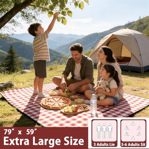 Large Cute Gingham Picnic Blanket Outdoor Waterproof Camping Picnic Mat Foldable Sand Proof Beach Blanket 77"X58" Portable Rug for Picnics Beach Lawn Grass Hiking Concerts Tent Play Mat, Red & White - color: Red & White Plaid