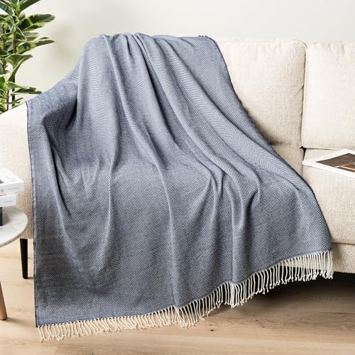 PAVILIA Herringbone Blanket Throw with Fringe,Faux Cashmere Knitted Throw with Tassels for Couch Bed,Decorative Farmhouse Soft Lightweight Plush Fuzzy Cozy,50x60,Herringbone - Navy Blue - color: Herringbone - Navy Blue, size: 50 X 60 Inches - Throw
