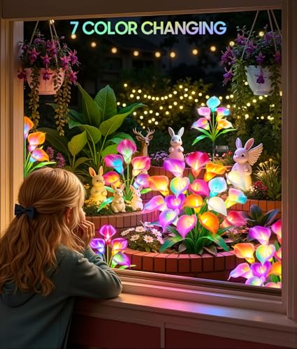 KOOPER Solar Lights Outdoor Decorative, 4 Pack Color Changing Solar Garden Lights With 20 Calla Lily Flower Lights, Solar Flowers Outdoor Waterproof IP65 For Yard Lawn Garden Decor, Gift For Women Mom