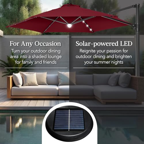 Best Choice Products 10ft Solar LED Offset Cantilever Hanging Market Patio Umbrella, Smooth 360° Rotation, 8 Sturdy Ribs, Easy Adjustment - Burgundy - color: Burgundy, size: Offset w/ 360° Rotation