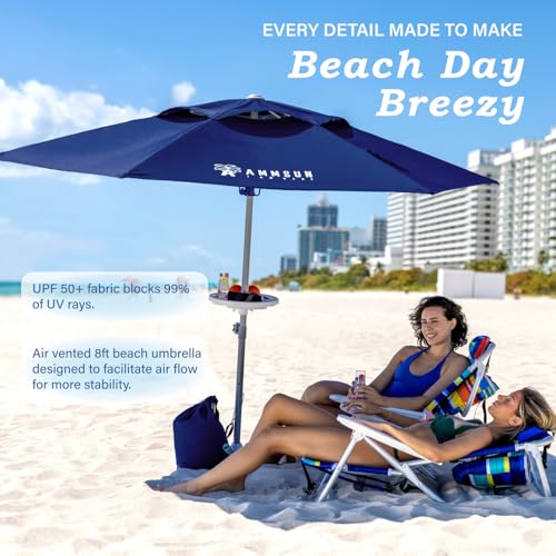 AMMSUN 8ft Large Beach Umbrellas for Sand Heavy Huty Wind Portable Commercial Grade Patio Beach Umbrella with Sand Anchor Hanging Hook Weight Sandbag Adjustable Height Air Vent UPF 50+ Telescoping Pole without tilt Navy - color: Navy