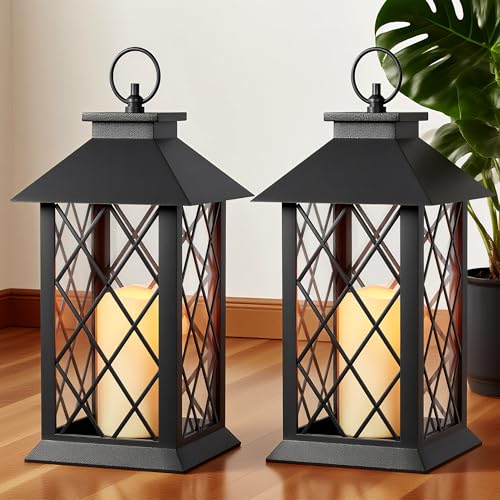 JOIONE Lanterns Decorative Indoor, 2 Packs 14" Battery-Powered Waterproof Black LED Candle Lanterns with Timer for Patio & Outdoor, Vintage Hanging Lantern for Home Decorations, Diamond - style: Diamond Decorative Lantern