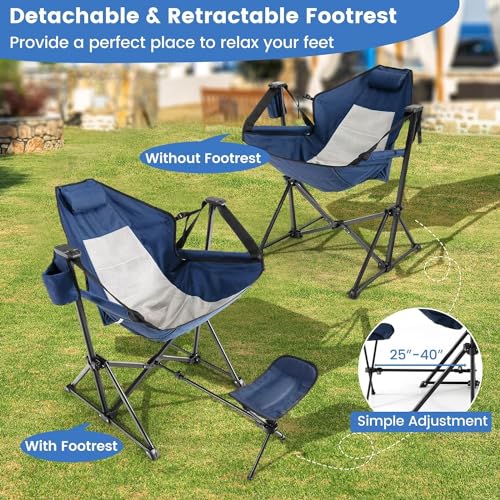 HAPPYGRILL 2-Pack Hammock Camping Chair, Outdoor Folding Swinging Chair with Retractable Footrest, Head Pillow, Carrying Bag Included, Portable Lightweight Rocking Chair for Camping Fishing Picnic - color: Navy 2 Pack