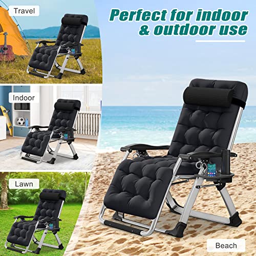 Zero Gravity Chair, Lawn Recliner, Reclining Patio Lounger Chair, Folding Portable Chaise with Detachable Soft Cushion, Cup Holder, Headrest - color: Black, style: Zero Gravity Chair