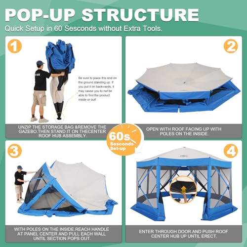 COBIZI 15x15 FT Pop Up Gazebo - Canopy Tent, Large Gazebos On Clearance with Sidewalls, Screened in Gazebo,carpas para Patio,Portable Screen Tents for 12-15 Persons Outdoor Camping, Backyard,Blue - color: Blue, size: 15x15ft Essential Gazebo
