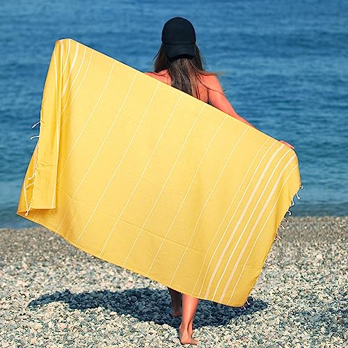 HILLFAIR Cotton Turkish Beach Towels, Quick Dry Lightweight Sand Free Peshtemal Towel for Bath Swim Yoga Spa Travel, Beach Accessories, Oversized Cotton Turkish Towels (39 x 72 inch- 4 Pack Yellow) - color: Yellow, size: 39 x 72 inch ( Beach towel - 4 PAC
