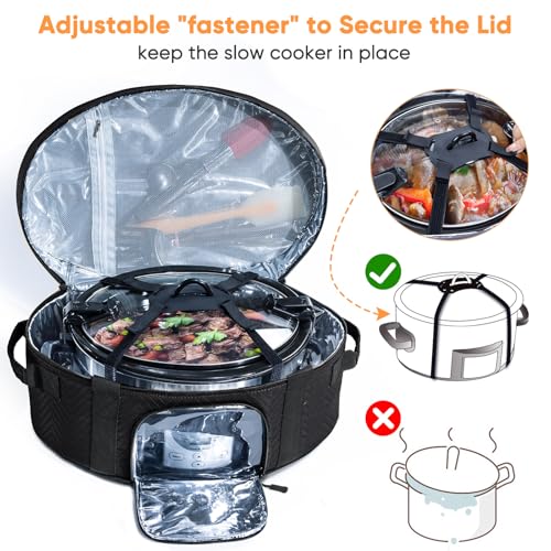 Insulated Slow Cooker Carrying Bag for 6-8 Quart CrockPot and Hamilton Beach Slow Cooker with See-thought Window, Portable Carrier Case with Adjustable Band and Accessory Pocket - color: Black