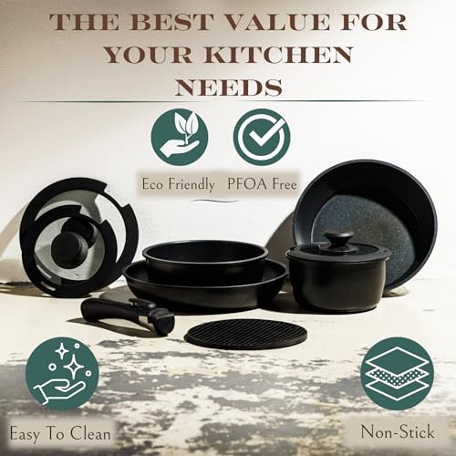 Moss & Stone 10pcs Nonstick Cookware Pans with Removable Handles, Space Saving Pots and Pans with Removable Handles, RV Pots and Pans Set for Camping, Oven and Induction Ready - size: 10 Pcs Black
