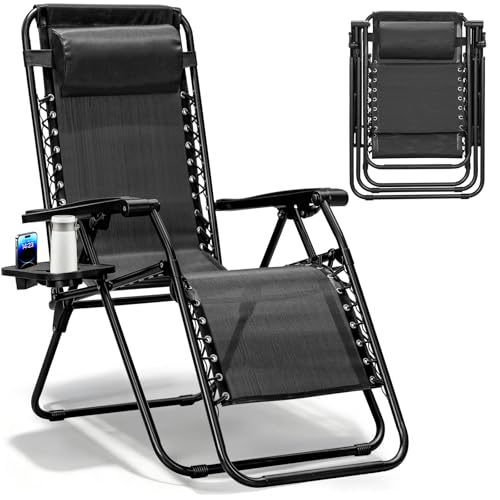 Zero Gravity Chair, Adjustable Lounge Chair, Outdoor Recliner, Folding Anti Gravity Lounge Chairs, Lawn Chairs Reclining with Pillow & Cup Holder for Pool Camping Sunbathing Beach Patio (Black) - color: Jet Black, size: 1pc